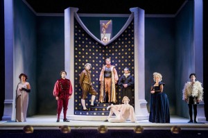 Paula Sides (Poppea), Clint van der Linde (Ottone), Nicholas Merryweather (Pallante), Andrew Slater (Claudio), Russell Harcourt (Narciso [standing]), Luke D Williams (Lesbo [seated]), Gillian Webster (Agrippina), Jake Arditti (Nerone), English Touring Opera // Handel, Agrippina. Photo: Robert Workman