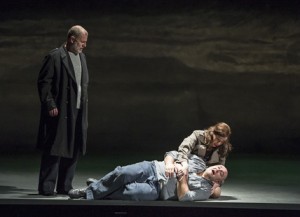 Robert Hayward as Captain Balstrode, Jeffrey Lloyd-Roberts as Peter Grimes, Giselle Allen as Ellen Orford. Photo credit: Bill Cooper