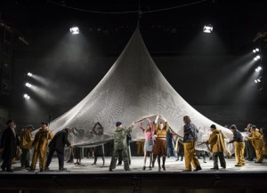  Robert Hayward as Captain Balstrode, Jennifer France as Niece 1, Aoife O’Sullivan as Niece 2, Mark le Brocq as Bob Boles (l-r) and the Chorus of Opera North. Photo credit: Bill Cooper