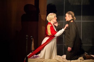 Paula Sides (Poppea), Helen Sherman (Nerone), in English Touring Opera's production of The Coronation of Poppea. Photo: Richard Hubert Smith.